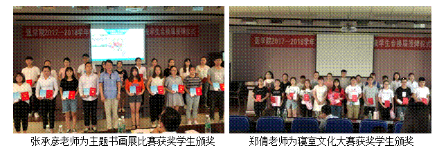 文本框:    张承彦老师为主题书画展比赛获奖学生颁奖       郑倩老师为寝室文化大赛获奖学生颁奖