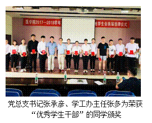 文本框:  党总支书记张承彦、学工办主任张多为荣获“优秀学生干部”的同学颁奖